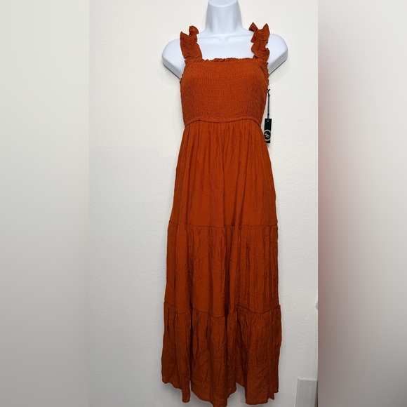 Rust Smocked Ruffle Strap midi Dress - Picture 11 of 11